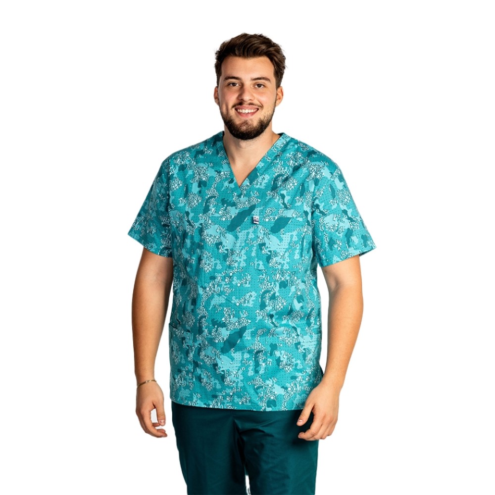 Halat de lucru pentru gradinite imprimat Green Army, model barbati, cu trei buzunare aplicate