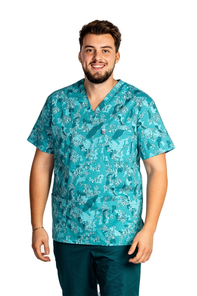 Halat de lucru pentru gradinite imprimat Green Army, model barbati, cu trei buzunare aplicate