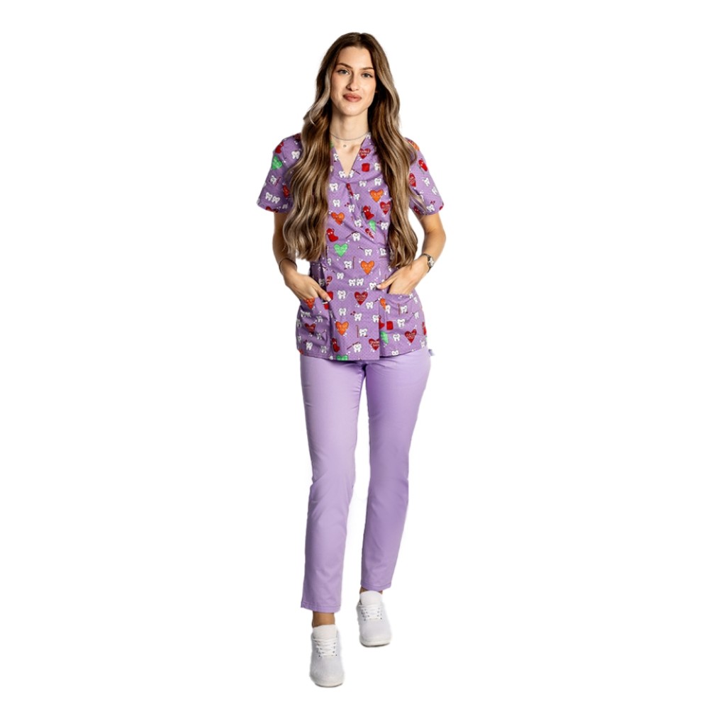 Costume de lucru pentru gradinite model kimono Dintisori, bluza cu imprimeu si pantaloni cu elastic