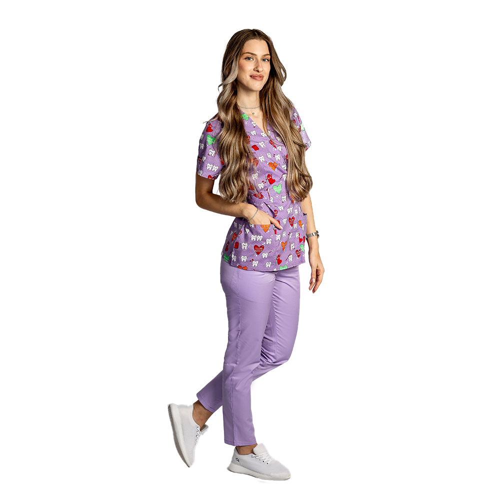 Costume de lucru pentru gradinite model kimono Dintisori, bluza cu imprimeu si pantaloni cu elastic