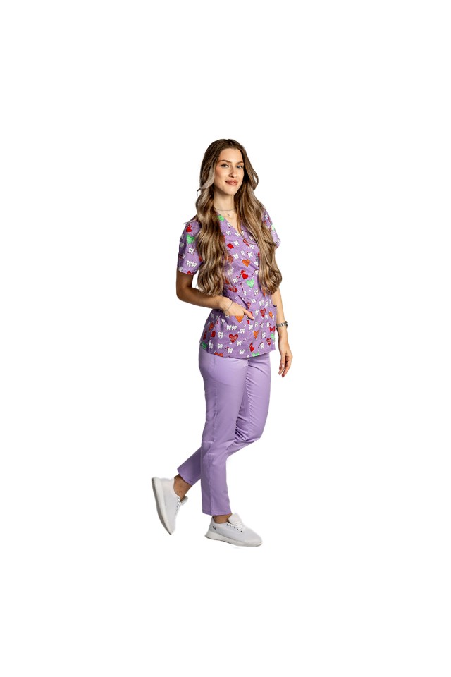 Costume de lucru pentru gradinite model kimono Dintisori, bluza cu imprimeu si pantaloni cu elastic