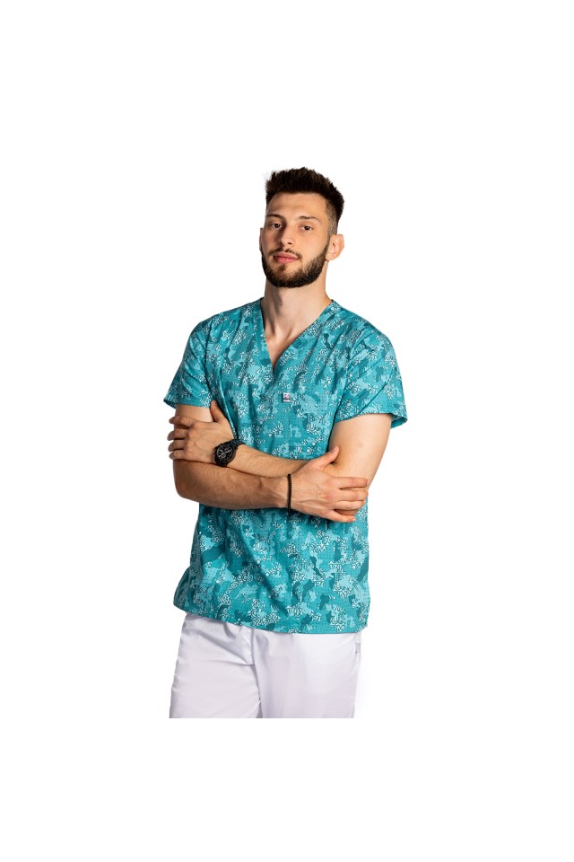 Halat de lucru pentru gradinite imprimat Green Army, model barbati, cu trei buzunare aplicate