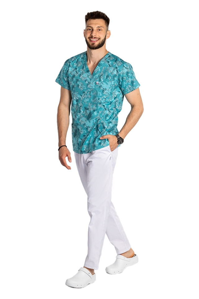 Halat de lucru pentru gradinite imprimat Green Army, model barbati, cu trei buzunare aplicate