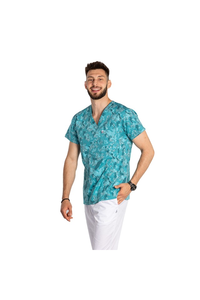 Halat de lucru pentru gradinite imprimat Green Army, model barbati, cu trei buzunare aplicate