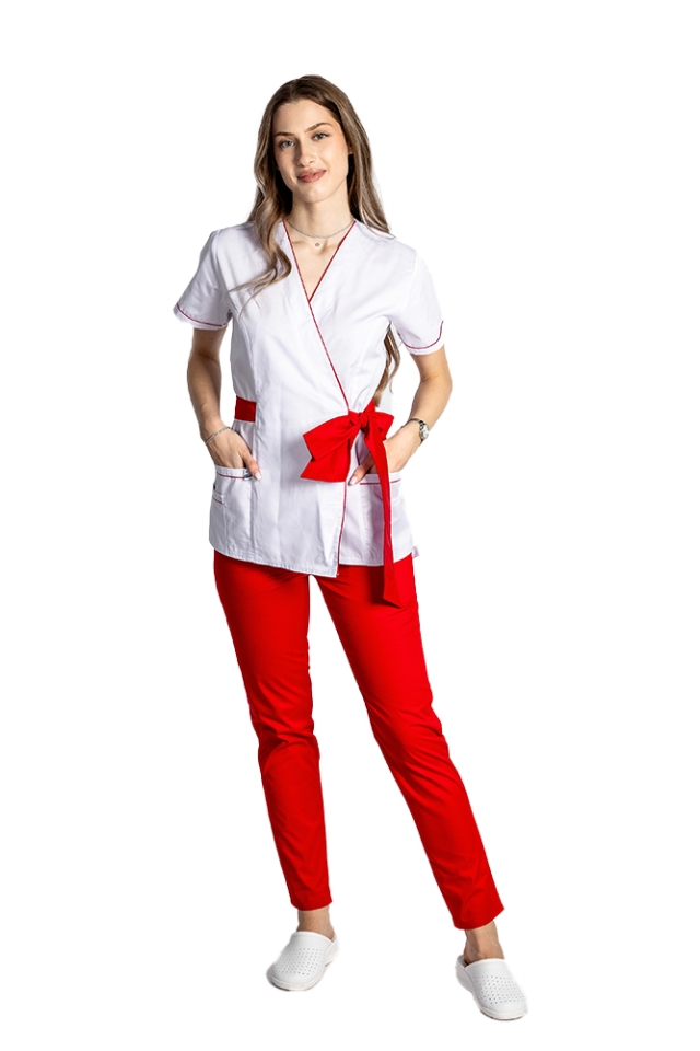 Costum de lucru pentru SPA model kimono alb cu paspol rosu si cordon cu legare tip fundita