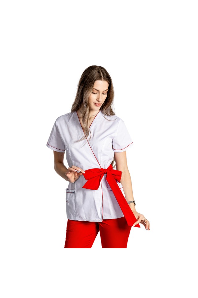 Costum de lucru pentru SPA model kimono alb cu paspol rosu si cordon cu legare tip fundita