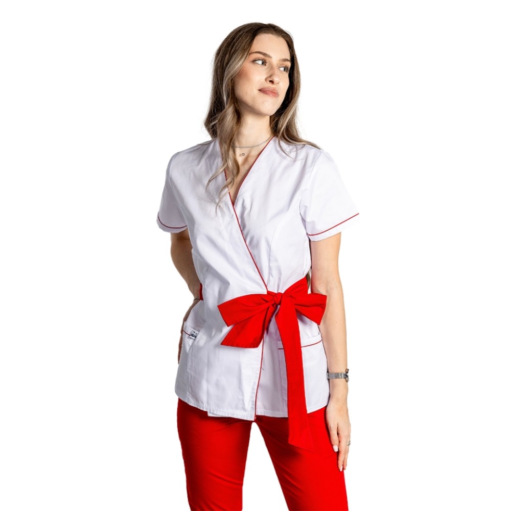 Halat de lucru pentru SPA model kimono alb cu paspol rosu si cordon cu legare tip fundita