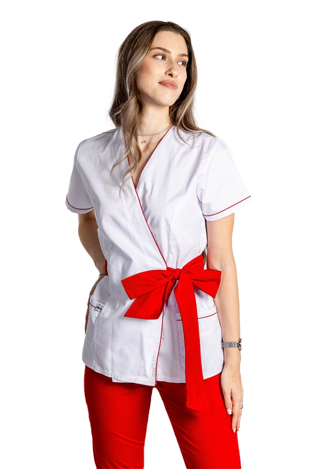Halat de lucru pentru SPA model kimono alb cu paspol rosu si cordon cu legare tip fundita