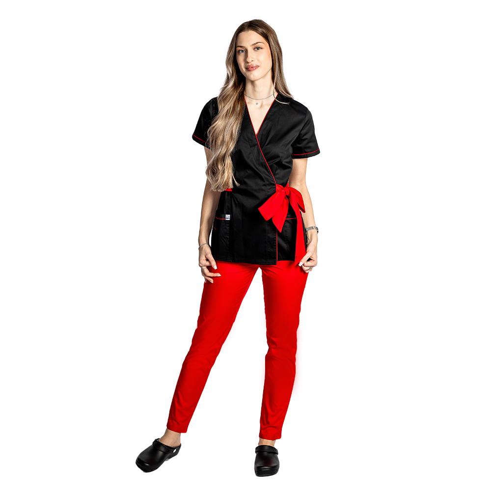 Costum de lucru pentru SPA model kimono negru cu paspol rosu si cordon cu legare tip fundita