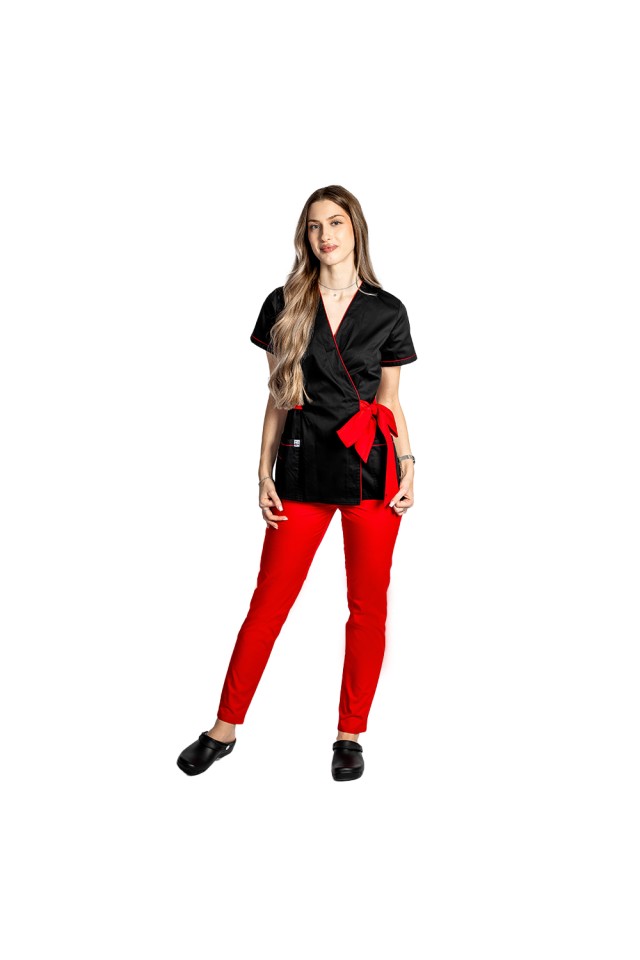 Costum de lucru pentru SPA model kimono negru cu paspol rosu si cordon cu legare tip fundita