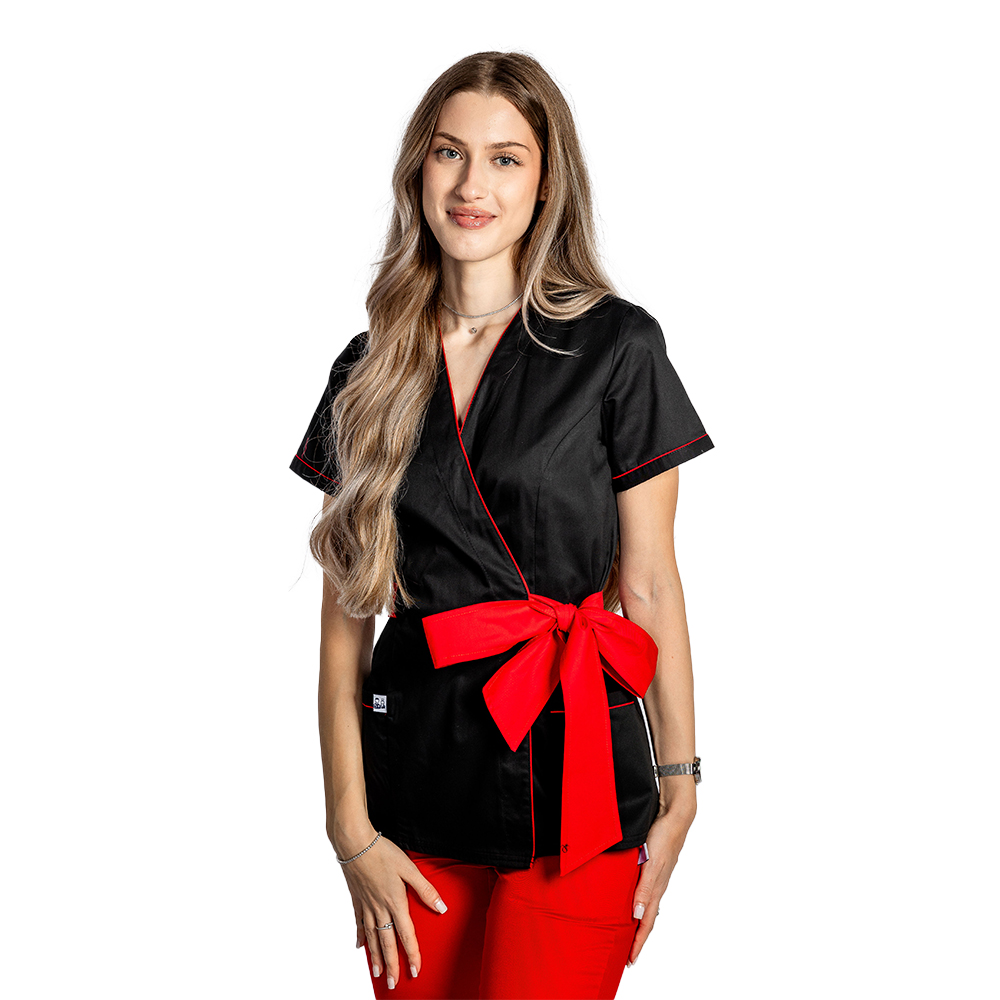 Halat de lucru pentru SPA model kimono negru cu paspol rosu si cordon cu legare tip fundita