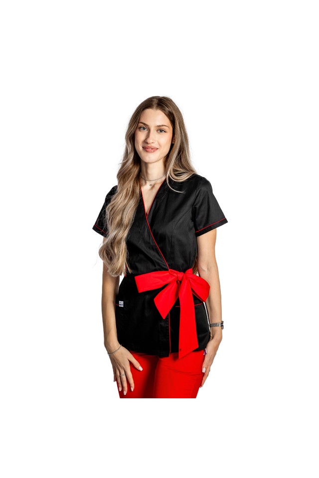 Halat de lucru pentru SPA model kimono negru cu paspol rosu si cordon cu legare tip fundita