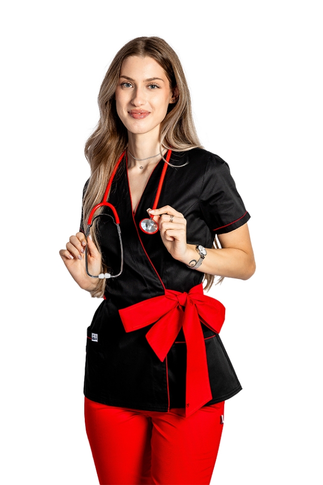 Costum de lucru pentru SPA model kimono negru cu paspol rosu si cordon cu legare tip fundita