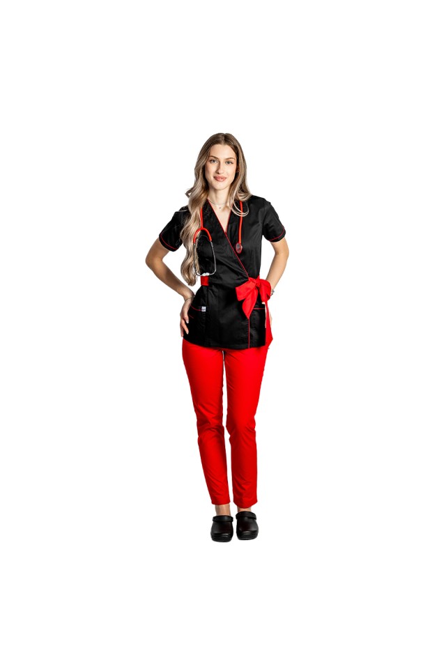 Costum de lucru pentru SPA model kimono negru cu paspol rosu si cordon cu legare tip fundita