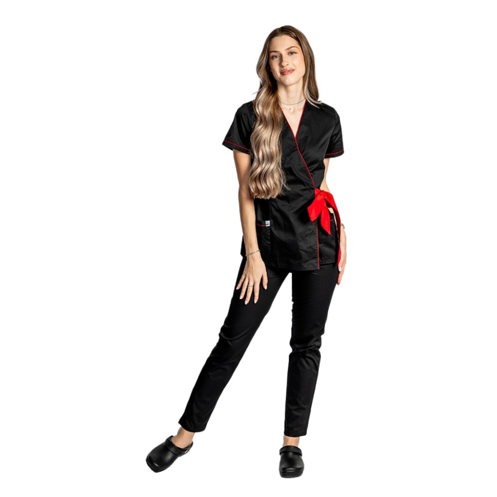 Costum de lucru pentru SPA model kimono negru cu paspol rosu si cordon cu legare tip fundita