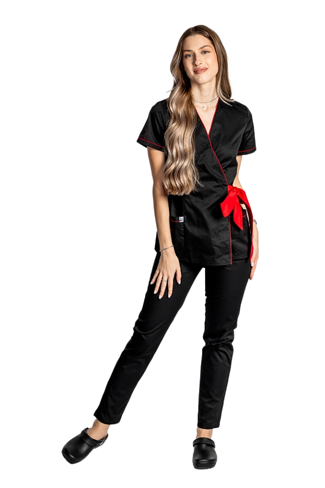 Costum de lucru pentru SPA model kimono negru cu paspol rosu si cordon cu legare tip fundita