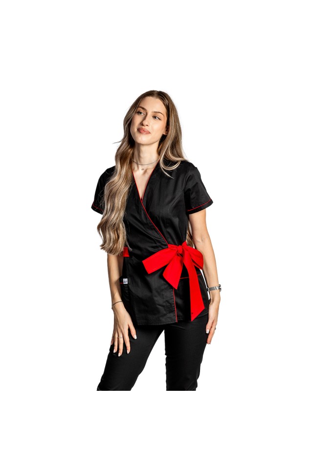 Costum de lucru pentru SPA model kimono negru cu paspol rosu si cordon cu legare tip fundita