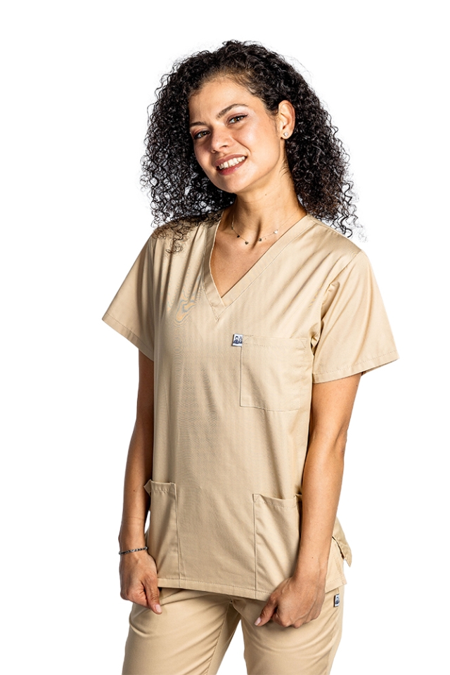 Halat de lucru crem dama cu anchior in V si trei buzunare aplicate