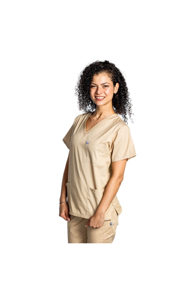 Halat de lucru crem dama cu anchior in V si trei buzunare aplicate