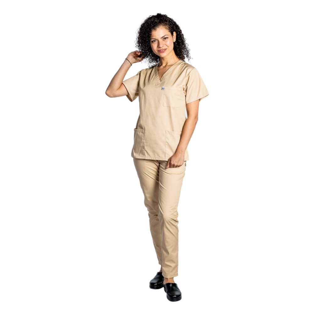 Uniforma de lucru dama crem cu bluza cu anchior in forma V si pantaloni crem cu elastic