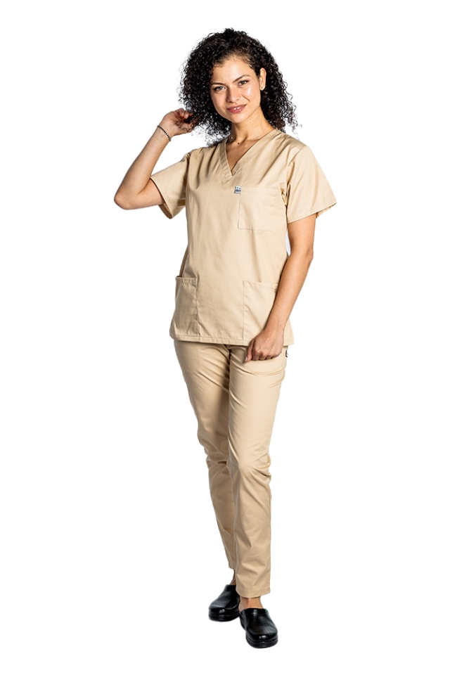 Uniforma de lucru dama crem cu bluza cu anchior in forma V si pantaloni crem cu elastic