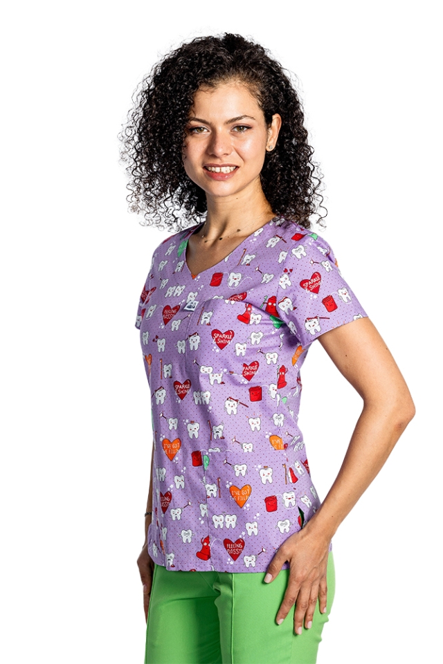 Halat de lucru pentru gradinite imprimat Dintisori , cu trei buzunare aplicate