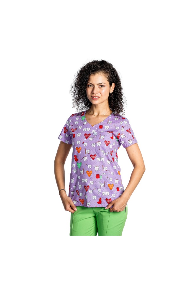 Halat de lucru pentru gradinite imprimat Dintisori , cu trei buzunare aplicate