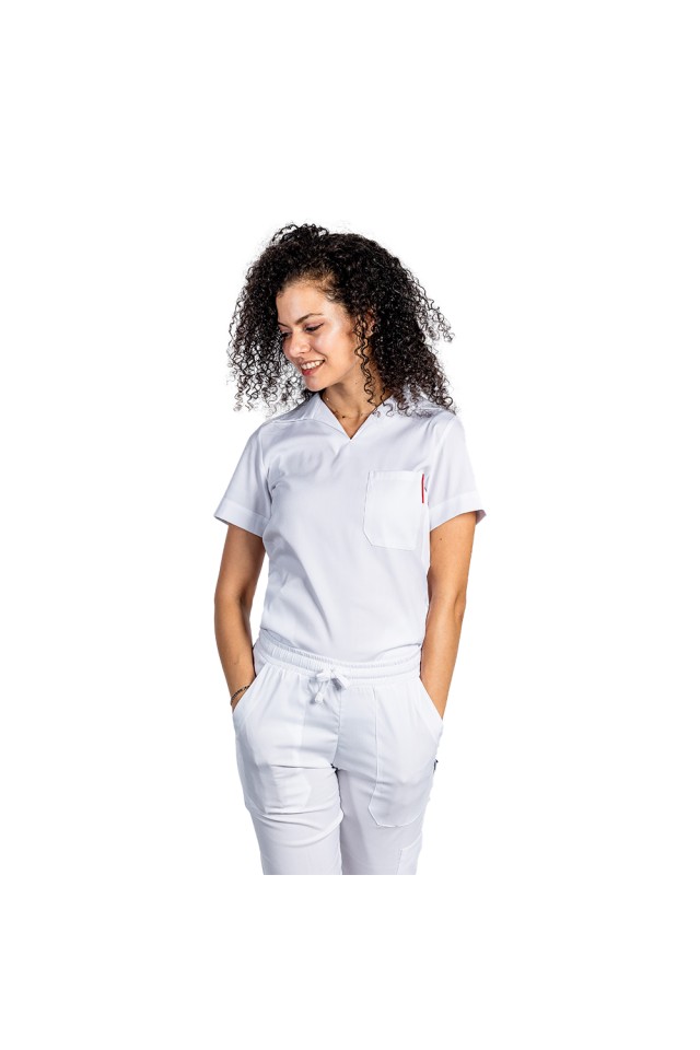 Costum de lucru cu elastan dama model polo alb, cu bluza in V si pantaloni tip jogger, cu snur si elastic