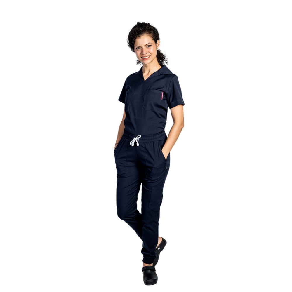 Costum de lucru cu elastan dama model polo bleumarin, cu bluza in V si pantaloni tip jogger, cu snur si elastic