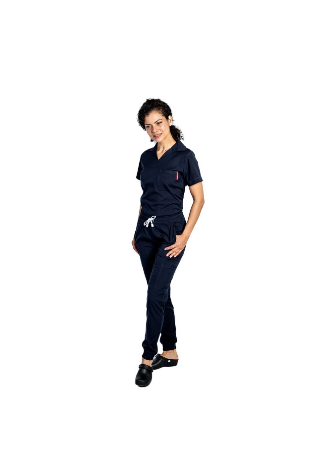 Costum de lucru cu elastan dama model polo bleumarin, cu bluza in V si pantaloni tip jogger, cu snur si elastic