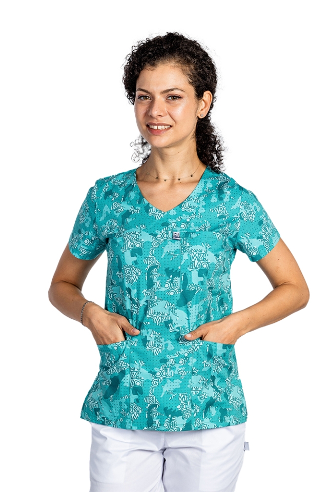 Halat de lucru pentru gradinite imprimat Green Army, cu trei buzunare aplicate