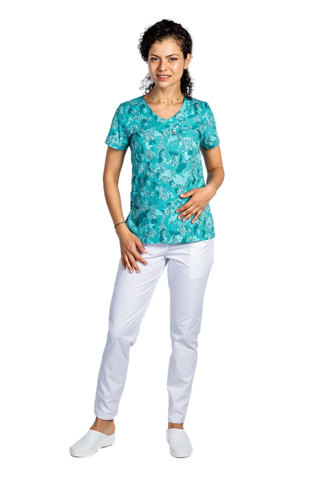 Halat de lucru pentru gradinite imprimat Green Army, cu trei buzunare aplicate