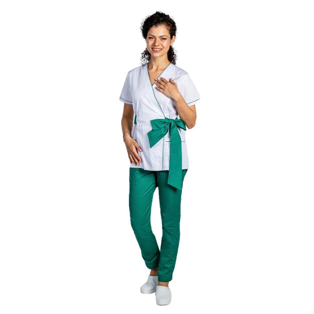 Costum de lucru pentru SPA model kimono alb cu paspol verde si cordon cu legare tip fundita
