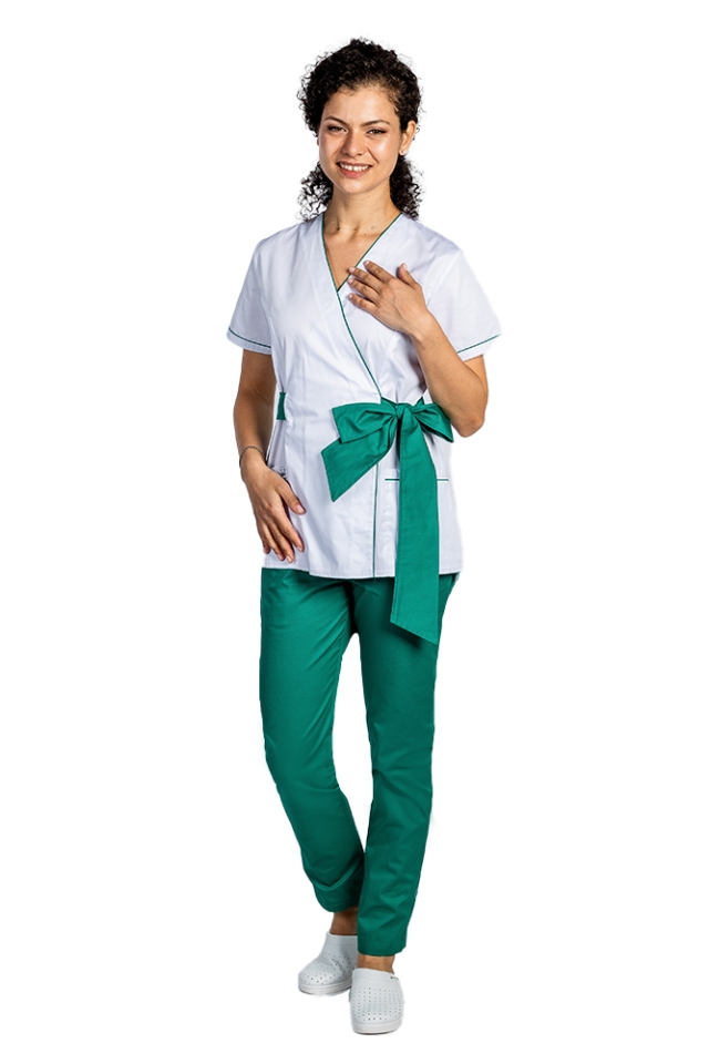Costum de lucru pentru SPA model kimono alb cu paspol verde si cordon cu legare tip fundita..