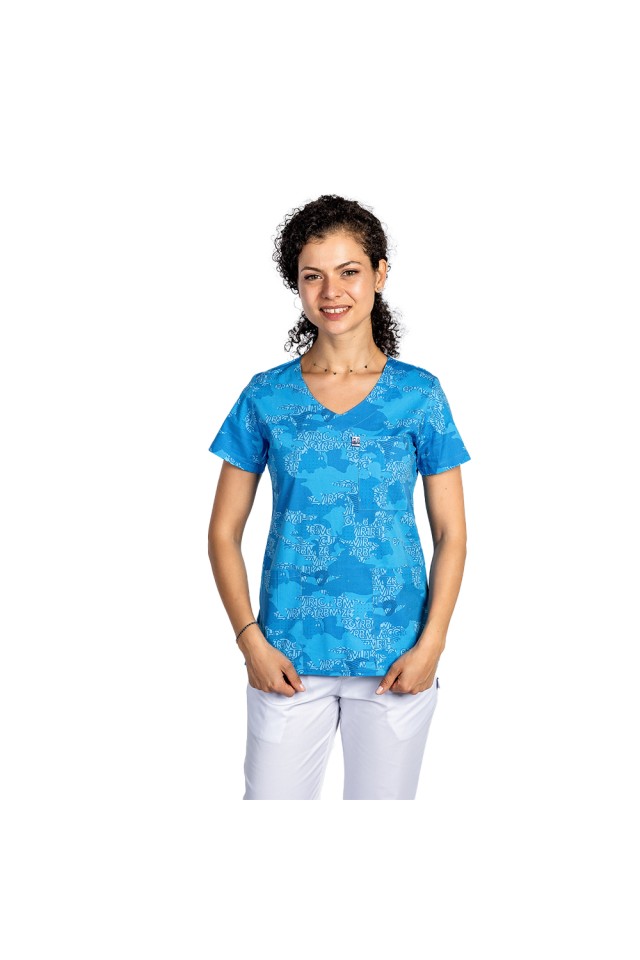 Halat de lucru pentru gradinite imprimat Blue Army, cu trei buzunare aplicate