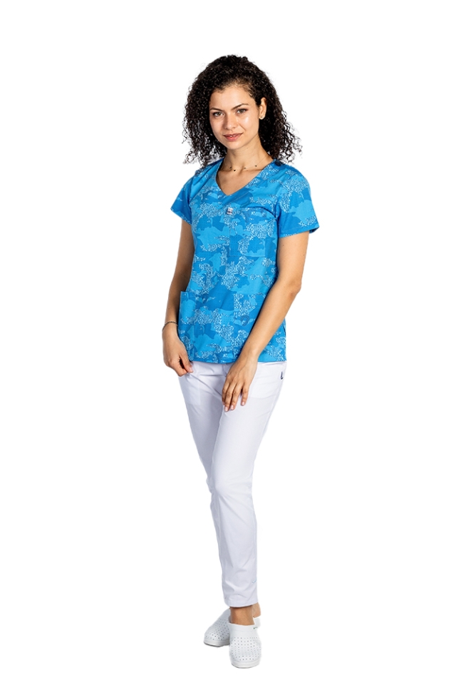 Halat de lucru pentru gradinite imprimat Blue Army, cu trei buzunare aplicate