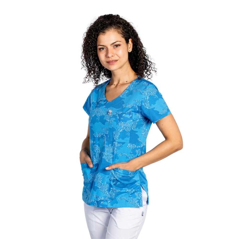 Halat de lucru pentru gradinite imprimat Blue Army, cu trei buzunare aplicate