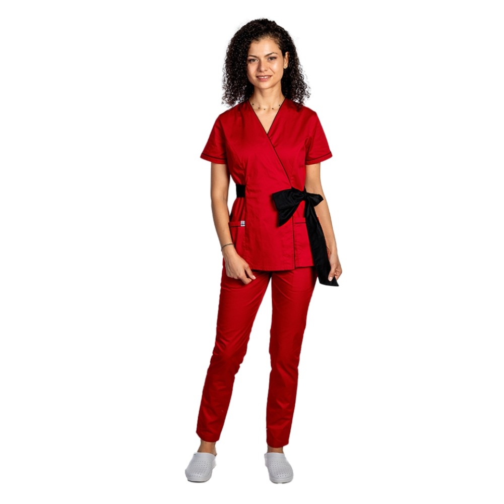 Costum de lucru pentru SPA model kimono rosu cu paspol negru si cordon cu legare tip fundita