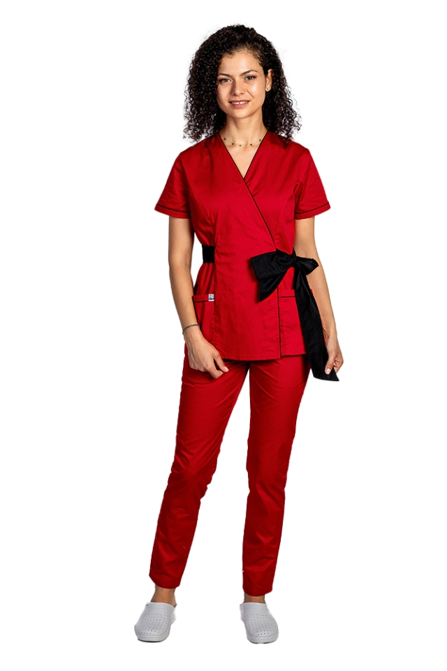 Costum de lucru pentru SPA model kimono rosu cu paspol negru si cordon cu legare tip fundita