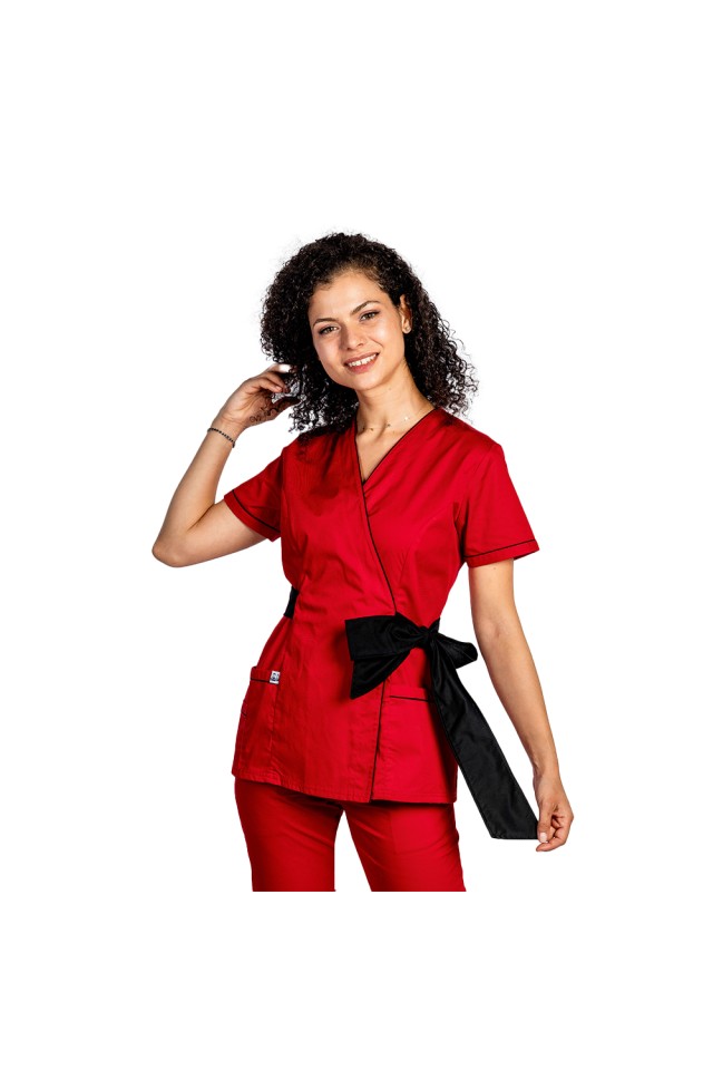 Halat de lucru pentru SPA model kimono rosu cu paspol negru si cordon cu legare tip fundita