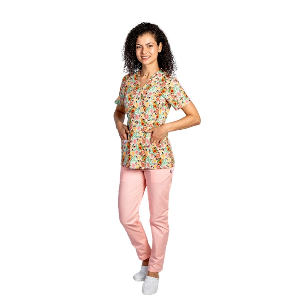 Costume de lucru pentru gradinite model kimono Yago, bluza cu imprimeu si pantaloni cu elastic