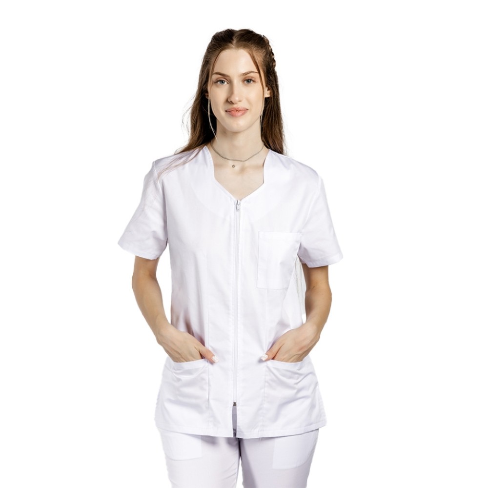 Halat de lucru pentru curatenie alb cambrat, cu fermoar si trei buzunare aplicate