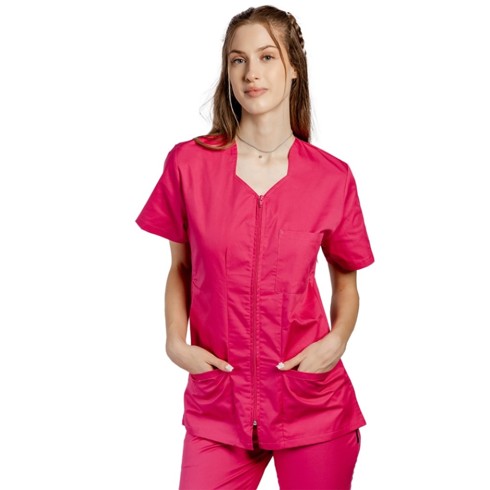 Halat de lucru pentru curatenie ciclam cambrat, cu fermoar si trei buzunare aplicate