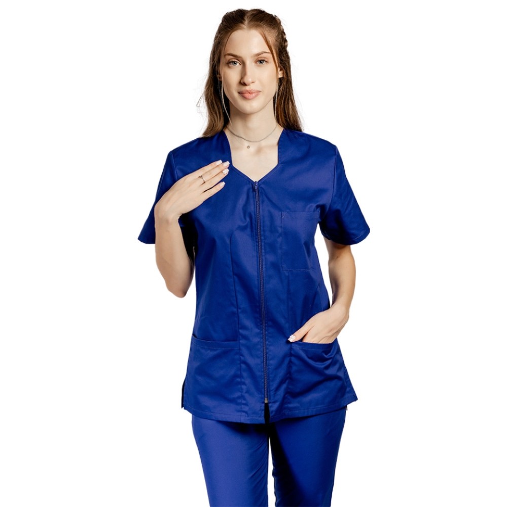 Halat de lucru pentru curatenie albastru, cambrat, cu fermoar si trei buzunare aplicate