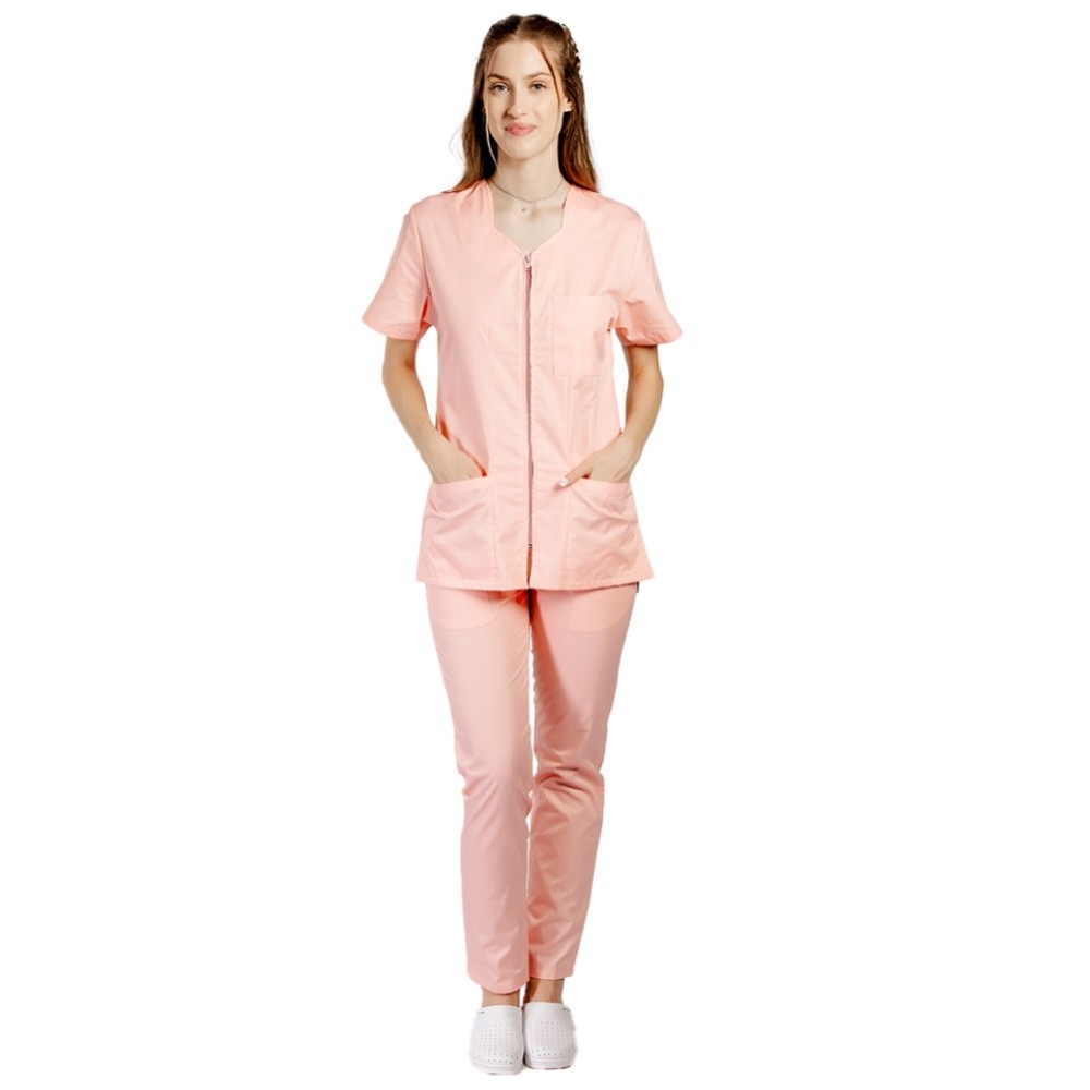 Uniforma de lucru piersica cu bluza cu fermoar cambrata, trei buzunare aplicate si pantaloni piersica cu elastic