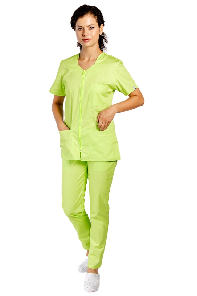 Uniforma de lucru lime cu bluza cu fermoar cambrata, trei buzunare aplicate si pantaloni lime cu elastic