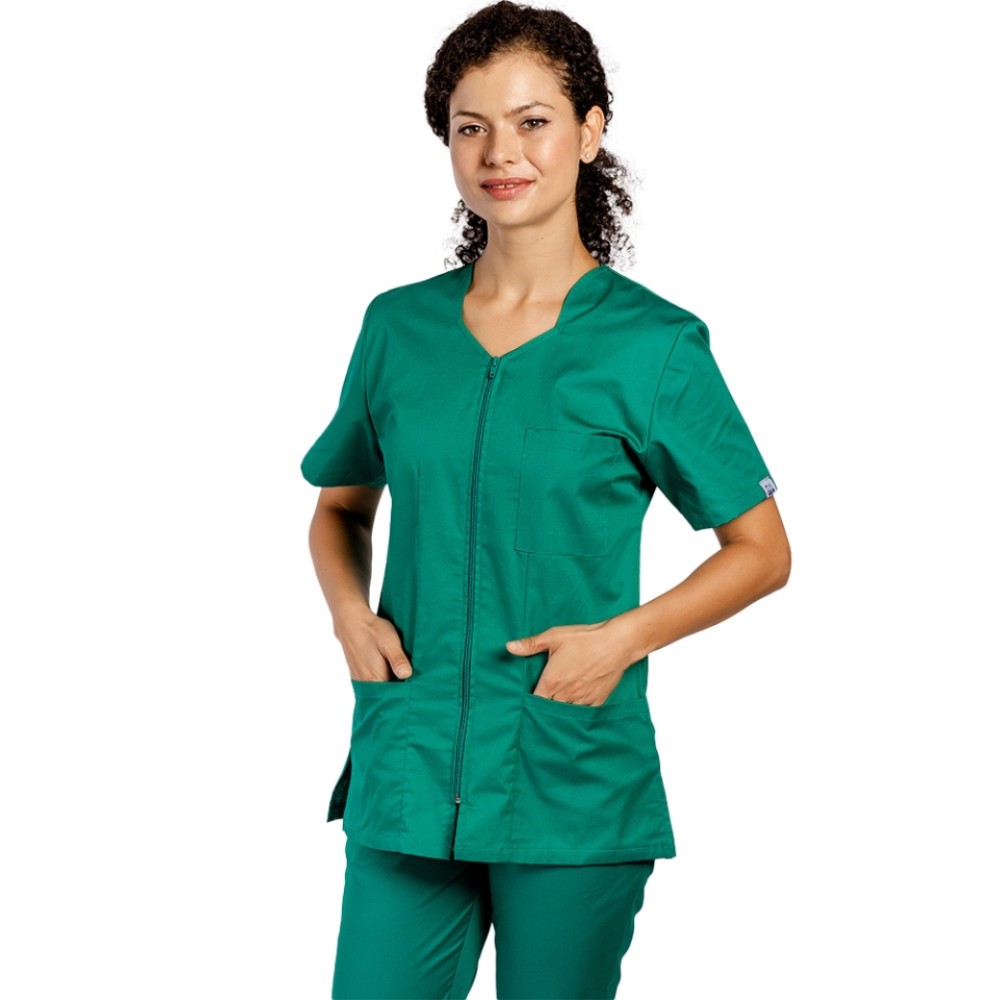 Halat de lucru pentru curatenie verde, cambrat, cu fermoar si trei buzunare aplicate