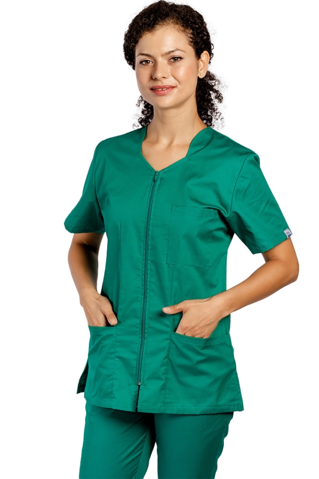 Halat de lucru pentru curatenie verde, cambrat, cu fermoar si trei buzunare aplicate