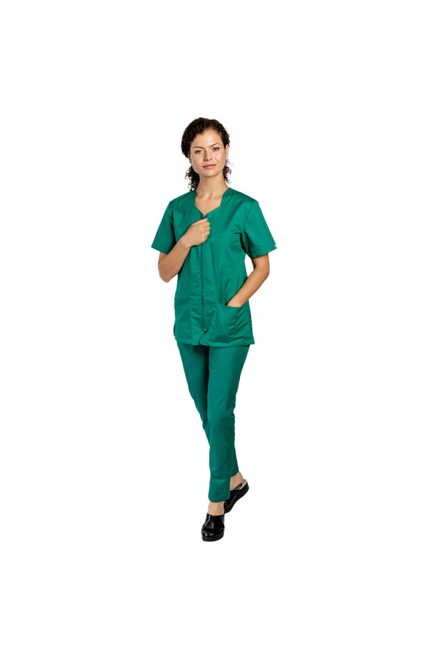 Halat de lucru pentru curatenie verde, cambrat, cu fermoar si trei buzunare aplicate