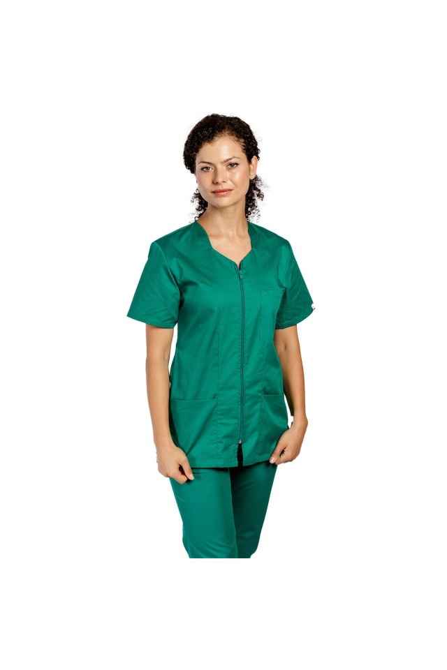 Halat de lucru pentru curatenie verde, cambrat, cu fermoar si trei buzunare aplicate